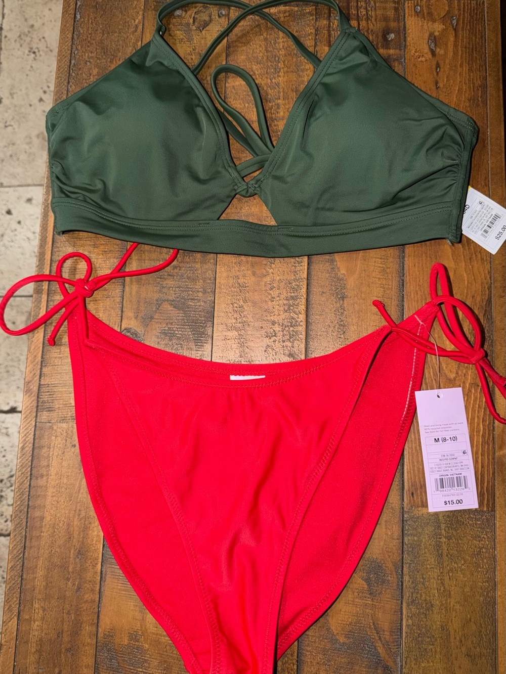 Target Olive Green Strappy Bikini Top with Red Tie-Side Bottoms